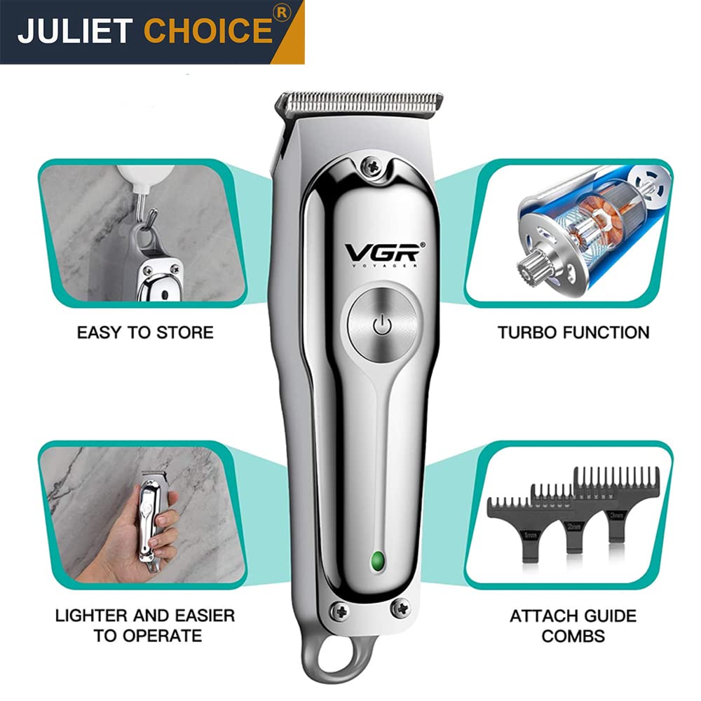 VGR V-071 Cordless Professional Hair Clipper Runtime: 120 Min Trimmer For Men With 3 Guide Combs (Silver) Standard,Battery Powered