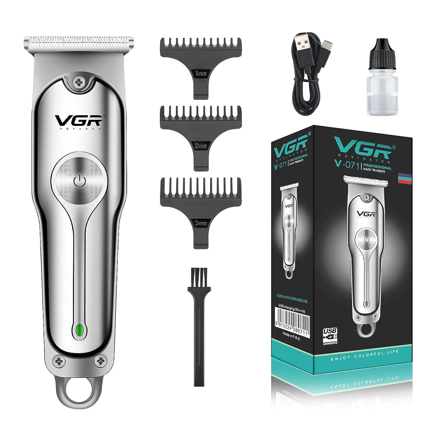 VGR V-071 Cordless Professional Hair Clipper Runtime: 120 Min Trimmer For Men With 3 Guide Combs (Silver) Standard,Battery Powered